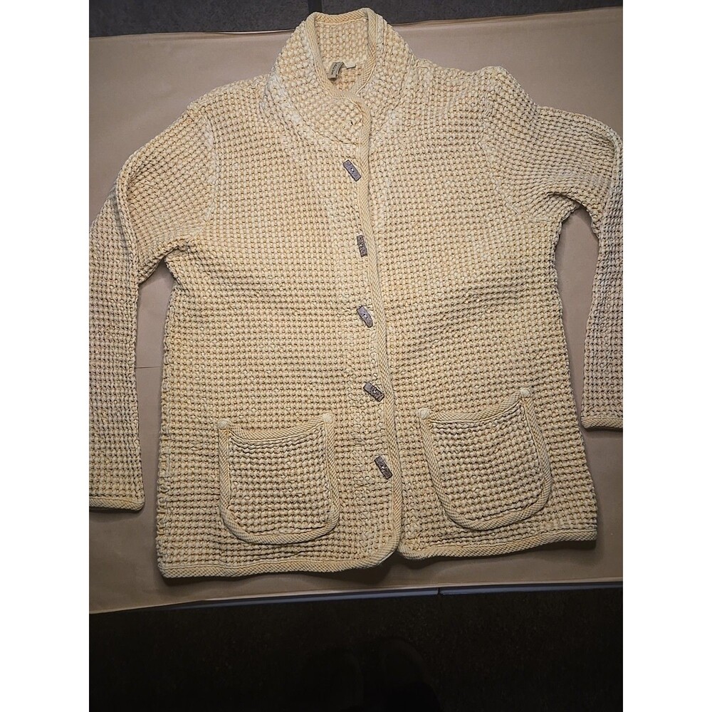 Focus Womens Small Waffle Knit Yellow Mustard Cardigan Preshrunk Cotton
